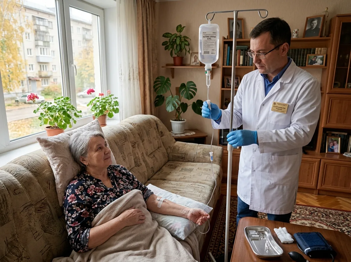 Врач-нарколог проводит капельницу пациенту на дому в Нижнем Новгороде: медик в белом халате устанавливает систему внутривенного капельного введения, пациент лежит на диване, домашняя обстановка, естественный дневной свет, спокойная атмосфера доверия и профессионализма